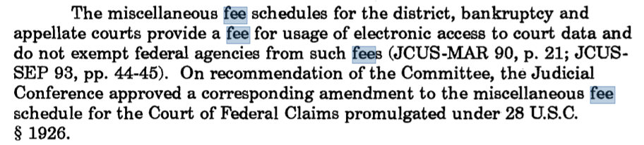 Screenshot of PACER fee changes